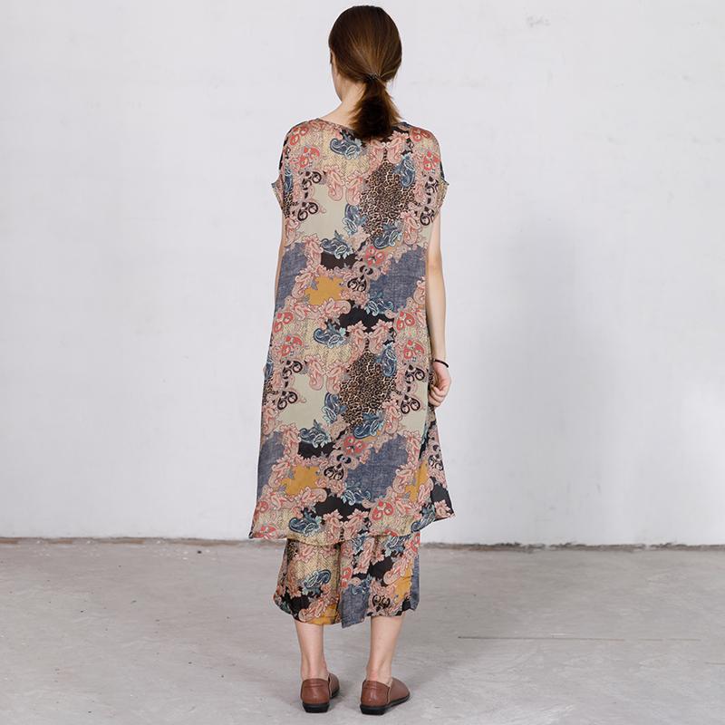 Print Irregular Short Sleeve Blouse And Wide Leg Pants