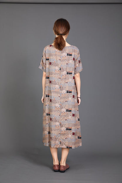Print Lacing Loose Short Sleeve Casual Dress
