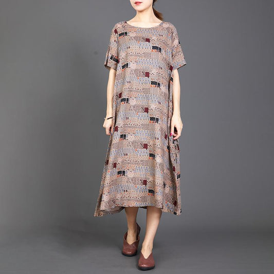 Print Lacing Loose Short Sleeve Casual Dress