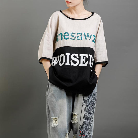Print Letter Casual Cotton Short Sleeve Blouse