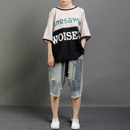 Print Letter Casual Cotton Short Sleeve Blouse