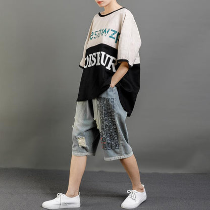 Print Letter Casual Cotton Short Sleeve Blouse
