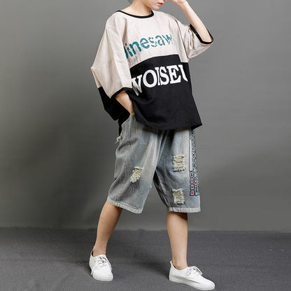 Print Letter Casual Cotton Short Sleeve Blouse