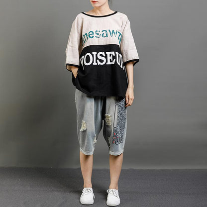 Print Letter Casual Cotton Short Sleeve Blouse