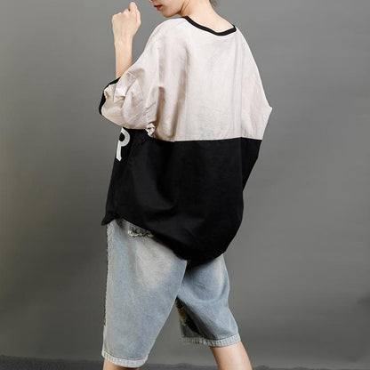 Print Letter Casual Cotton Short Sleeve Blouse