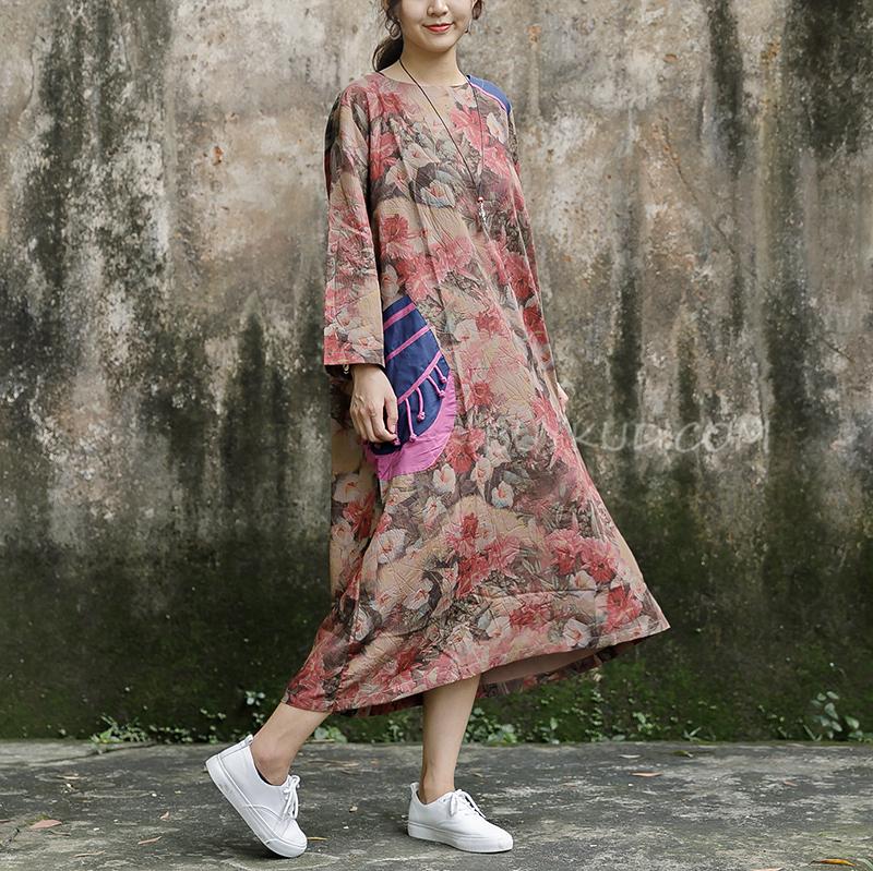 Print Long Sleeve Plus Size Loose Dress