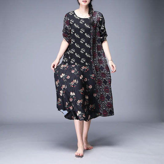 Print Mulberry Silk Spliced Irregular Dress