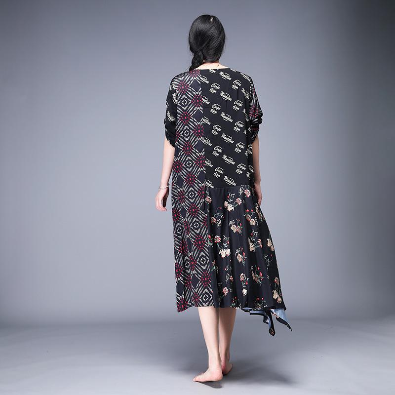 Print Mulberry Silk Spliced Irregular Dress