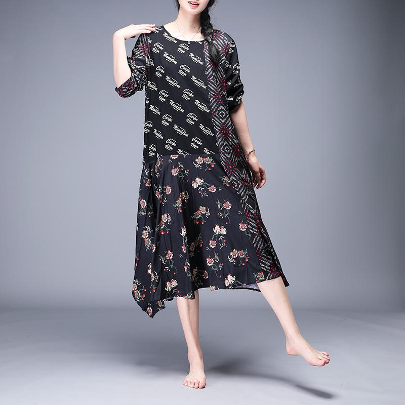 Print Mulberry Silk Spliced Irregular Dress