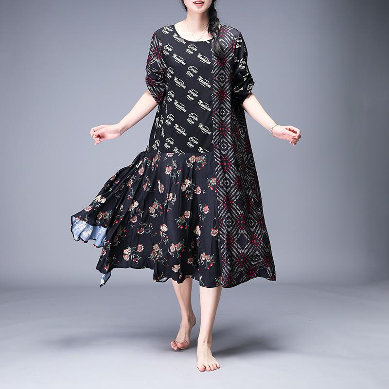 Print Mulberry Silk Spliced Irregular Dress