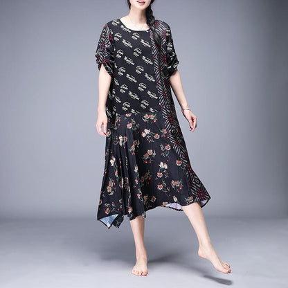 Print Mulberry Silk Spliced Irregular Dress