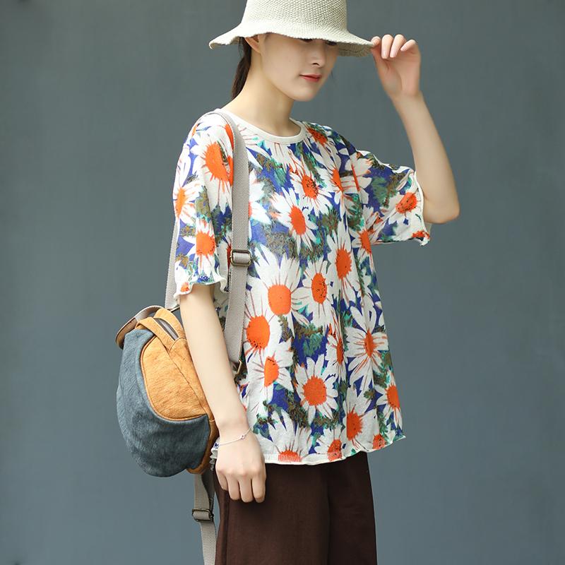 Print Plant Floral Half Sleeve Blouse
