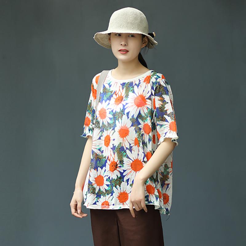 Print Plant Floral Half Sleeve Blouse