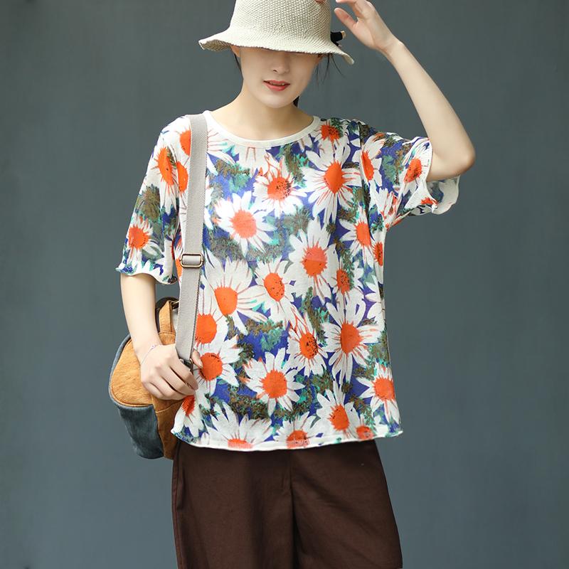 Print Plant Floral Half Sleeve Blouse