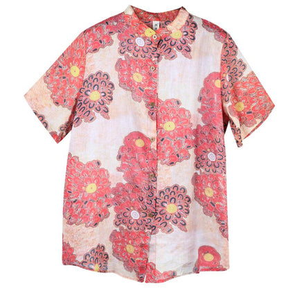 Print Ramie Stand Collar Half Sleeve Blouse