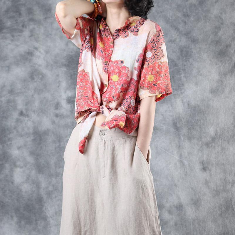 Print Ramie Stand Collar Half Sleeve Blouse