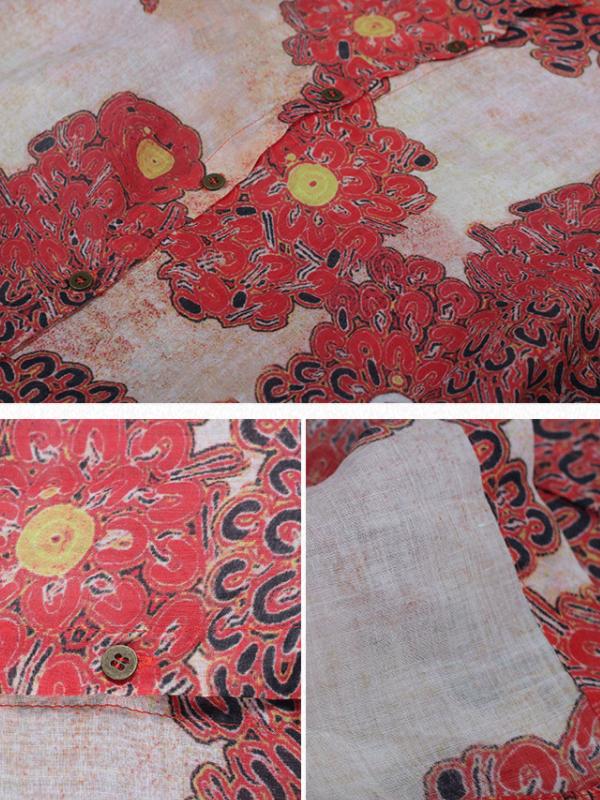 Print Ramie Stand Collar Half Sleeve Blouse