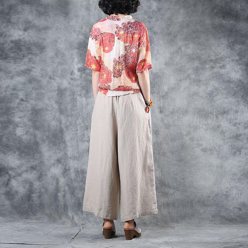 Print Ramie Stand Collar Half Sleeve Blouse