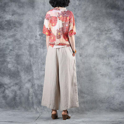 Print Ramie Stand Collar Half Sleeve Blouse