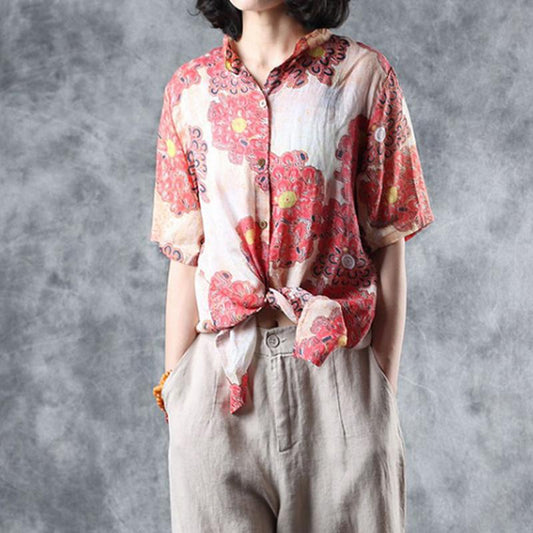 Print Ramie Stand Collar Half Sleeve Blouse