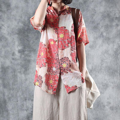 Print Ramie Stand Collar Half Sleeve Blouse