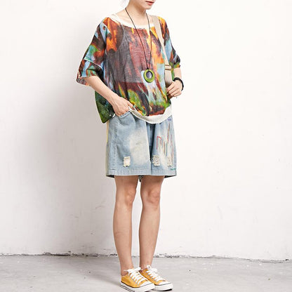 Print Retro Cotton Linen Round Neck Blouse