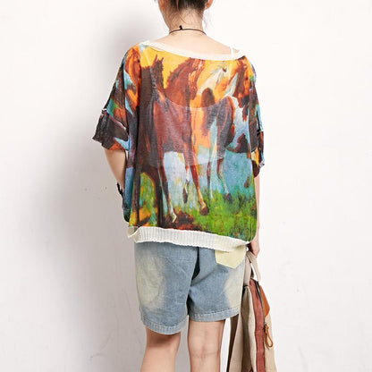 Print Retro Cotton Linen Round Neck Blouse