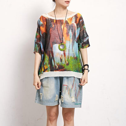 Print Retro Cotton Linen Round Neck Blouse