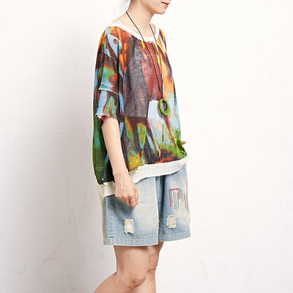 Print Retro Cotton Linen Round Neck Blouse