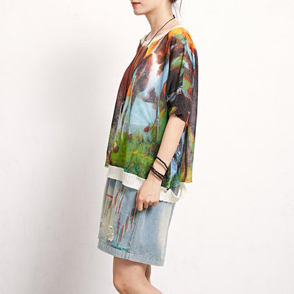 Print Retro Cotton Linen Round Neck Blouse
