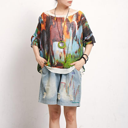 Print Retro Cotton Linen Round Neck Blouse