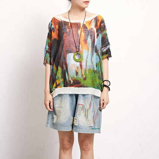 Print Retro Cotton Linen Round Neck Blouse