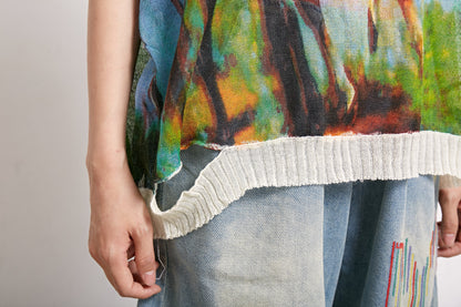 Print Retro Cotton Linen Round Neck Blouse