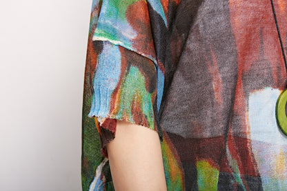 Print Retro Cotton Linen Round Neck Blouse