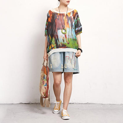 Print Retro Cotton Linen Round Neck Blouse