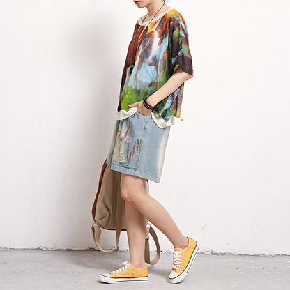 Print Retro Cotton Linen Round Neck Blouse