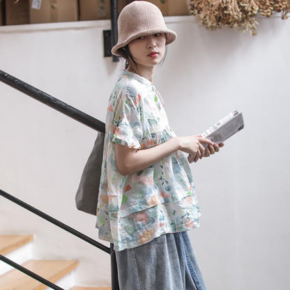 Print Retro Linen Short Sleeve Blouse
