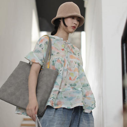 Print Retro Linen Short Sleeve Blouse