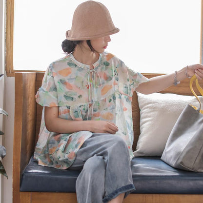 Print Retro Linen Short Sleeve Blouse