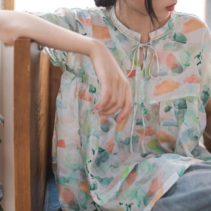 Print Retro Linen Short Sleeve Blouse