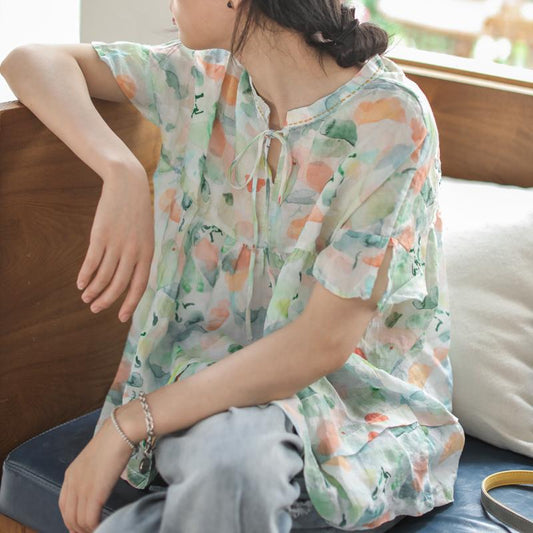 Print Retro Linen Short Sleeve Blouse