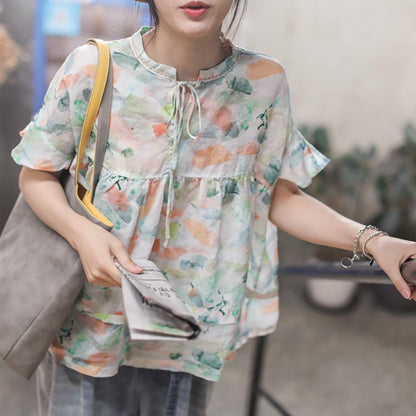 Print Retro Linen Short Sleeve Blouse