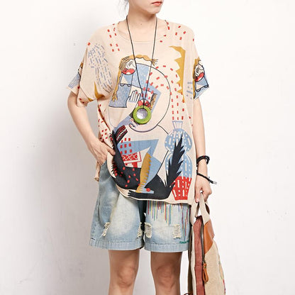 Print Round Neck Short Sleeve Blouse
