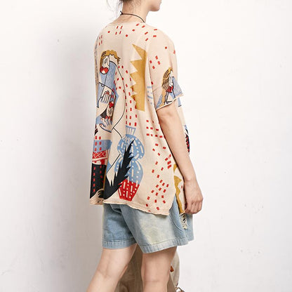 Print Round Neck Short Sleeve Blouse