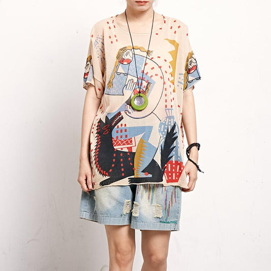Print Round Neck Short Sleeve Blouse
