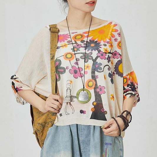 Print Round Neck Short Sleeve Blouse
