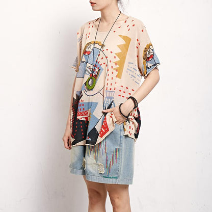 Print Round Neck Short Sleeve Blouse