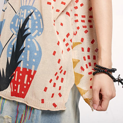Print Round Neck Short Sleeve Blouse