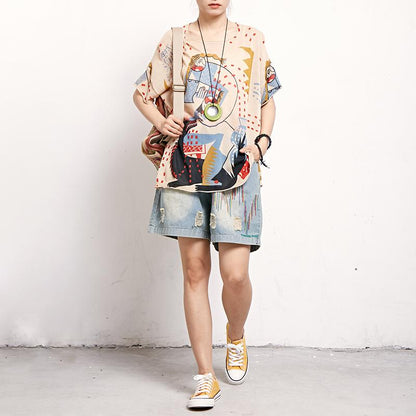 Print Round Neck Short Sleeve Blouse