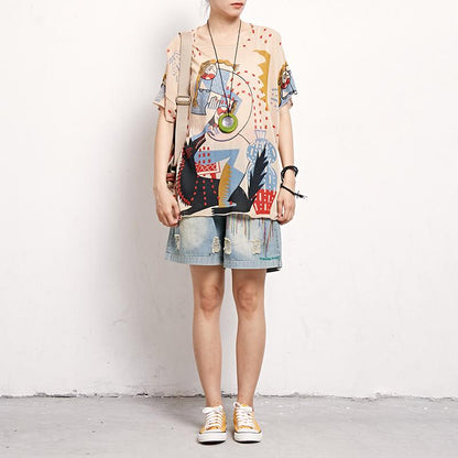 Print Round Neck Short Sleeve Blouse